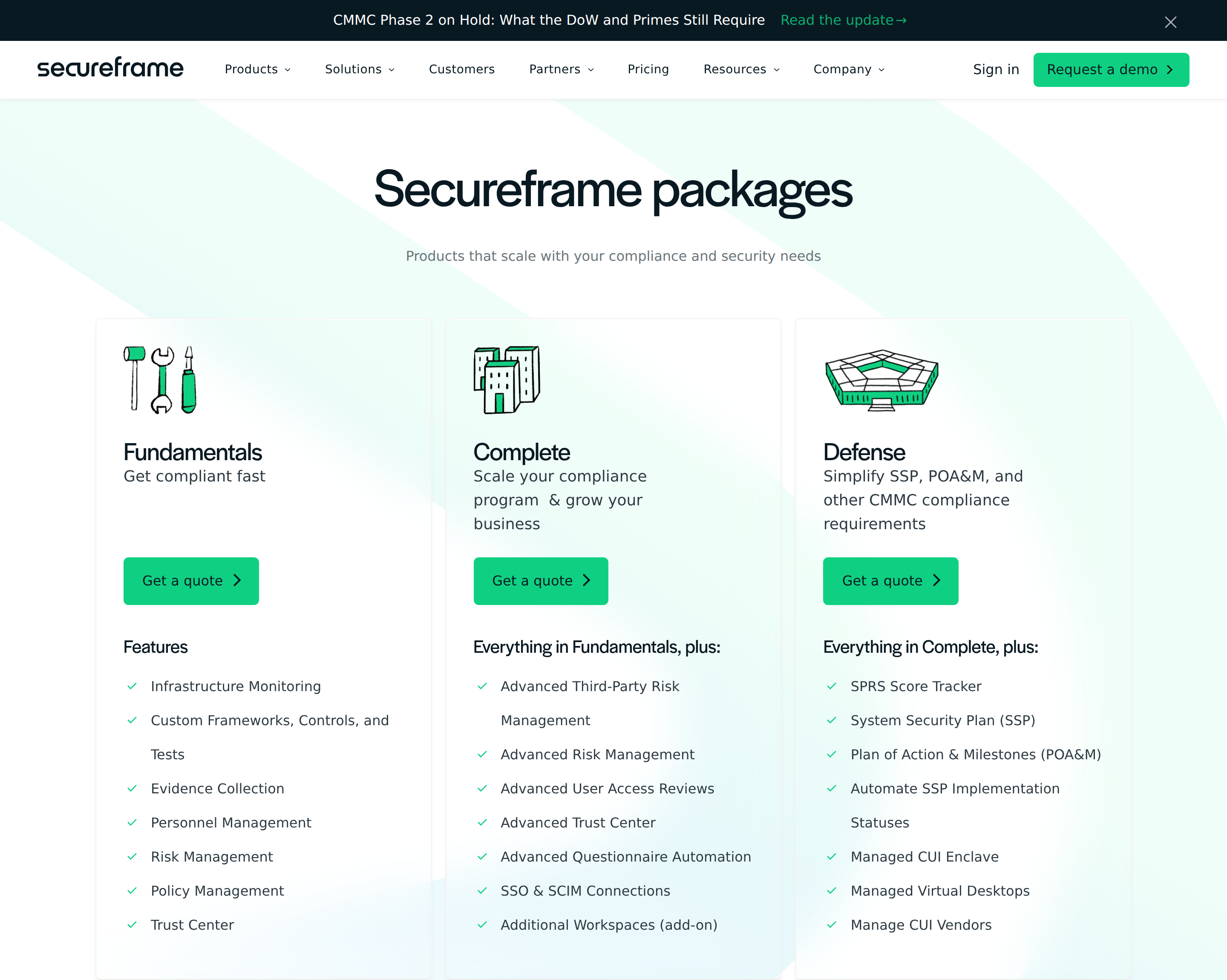 Secureframe packages page showing tiers without a published price figure Secureframe packages page showing tiers without a published price figure