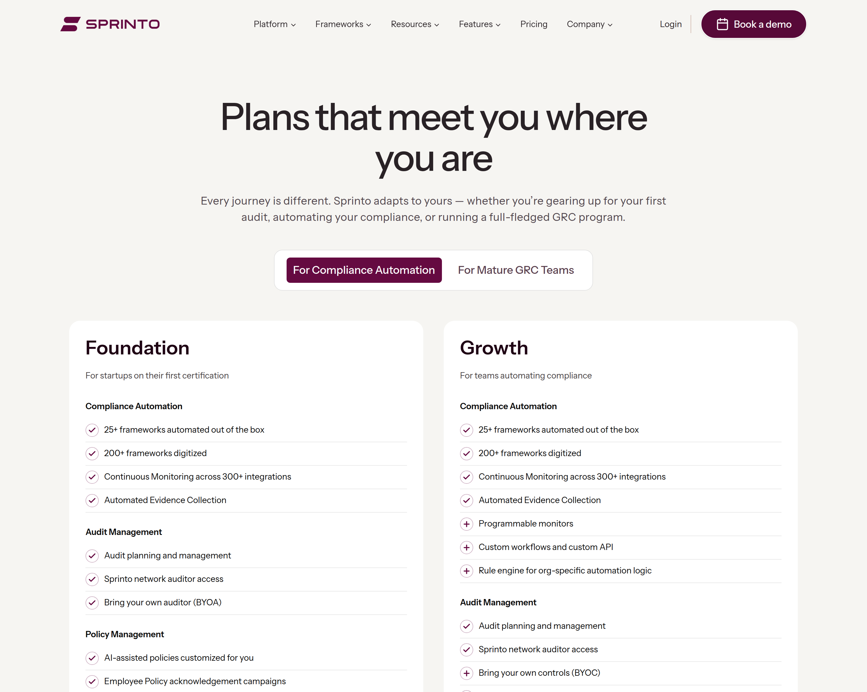 Sprinto plans page presenting tiers without a published price figure Sprinto plans page presenting tiers without a published price figure
