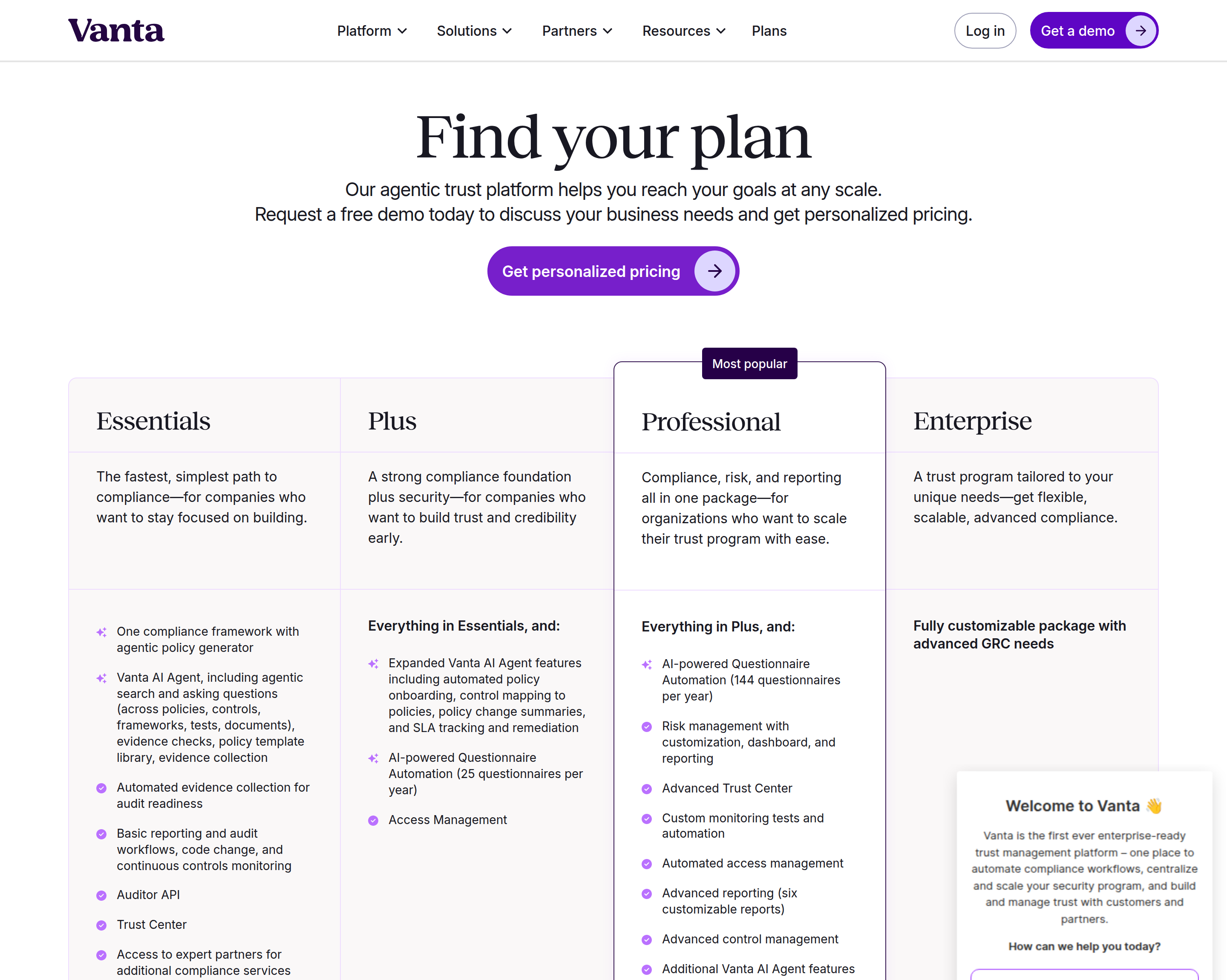 Vanta pricing page with plan tiers and no published price figure Vanta pricing page with plan tiers and no published price figure
