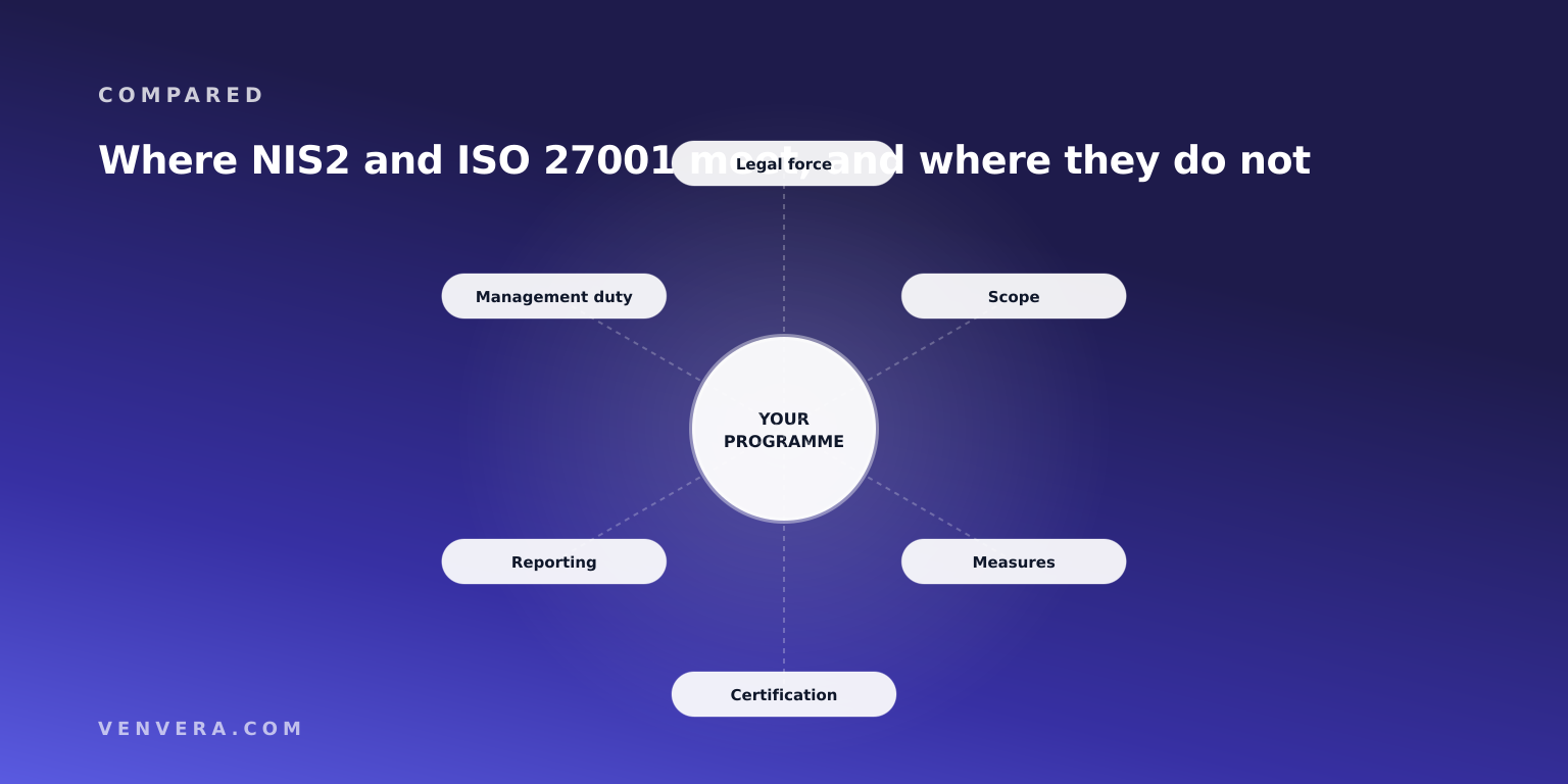 NIS2 and ISO 27001 compared on legal force, scope, measures, certification, reporting and management duty