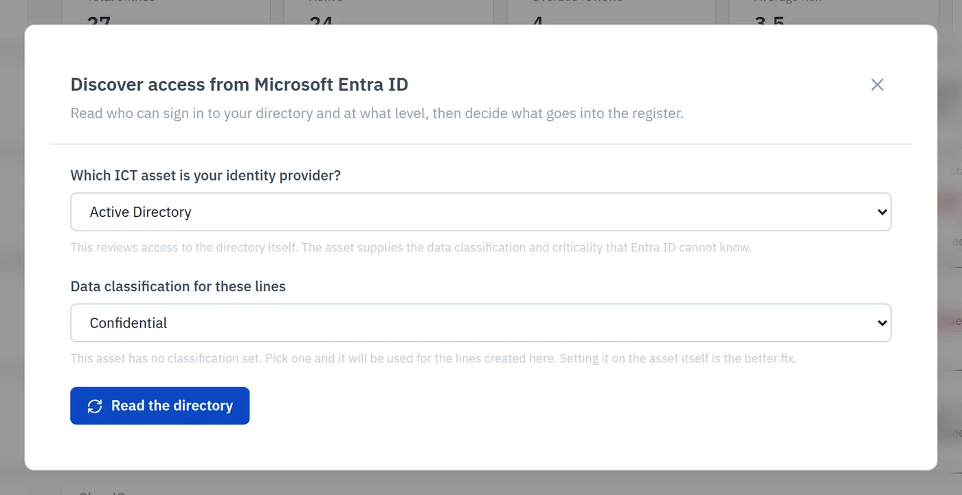 Discovering access from Microsoft Entra ID in Venvera Automated access review software reading users, roles and MFA state from Microsoft Entra ID to populate the access register