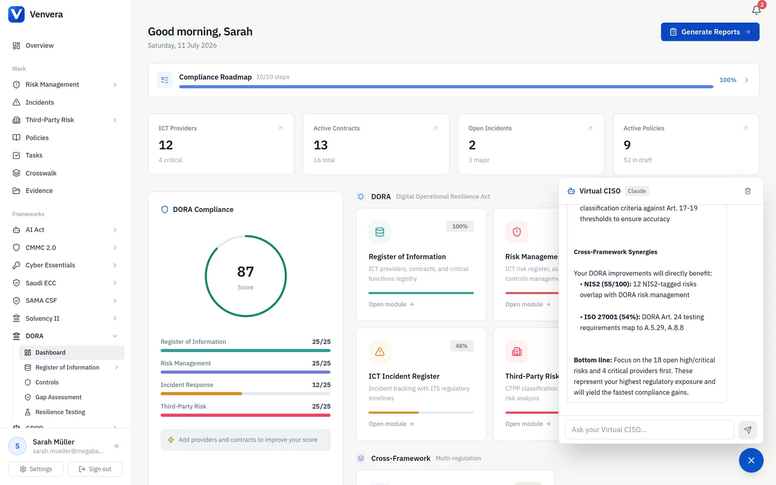 Virtual CISO AI compliance chat interface with article-level regulatory responses