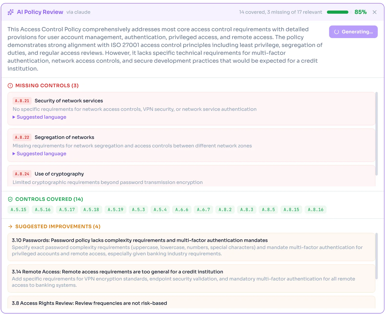 Automated policy coverage analysis dashboard showing control-by-control compliance gap identification