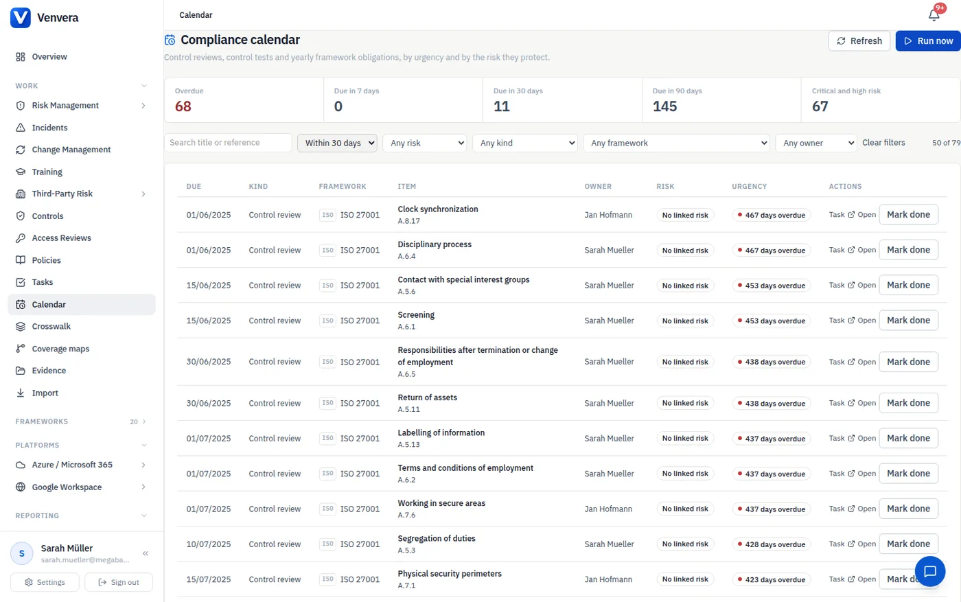 Venvera compliance calendar listing control reviews and framework obligations by urgency and risk
