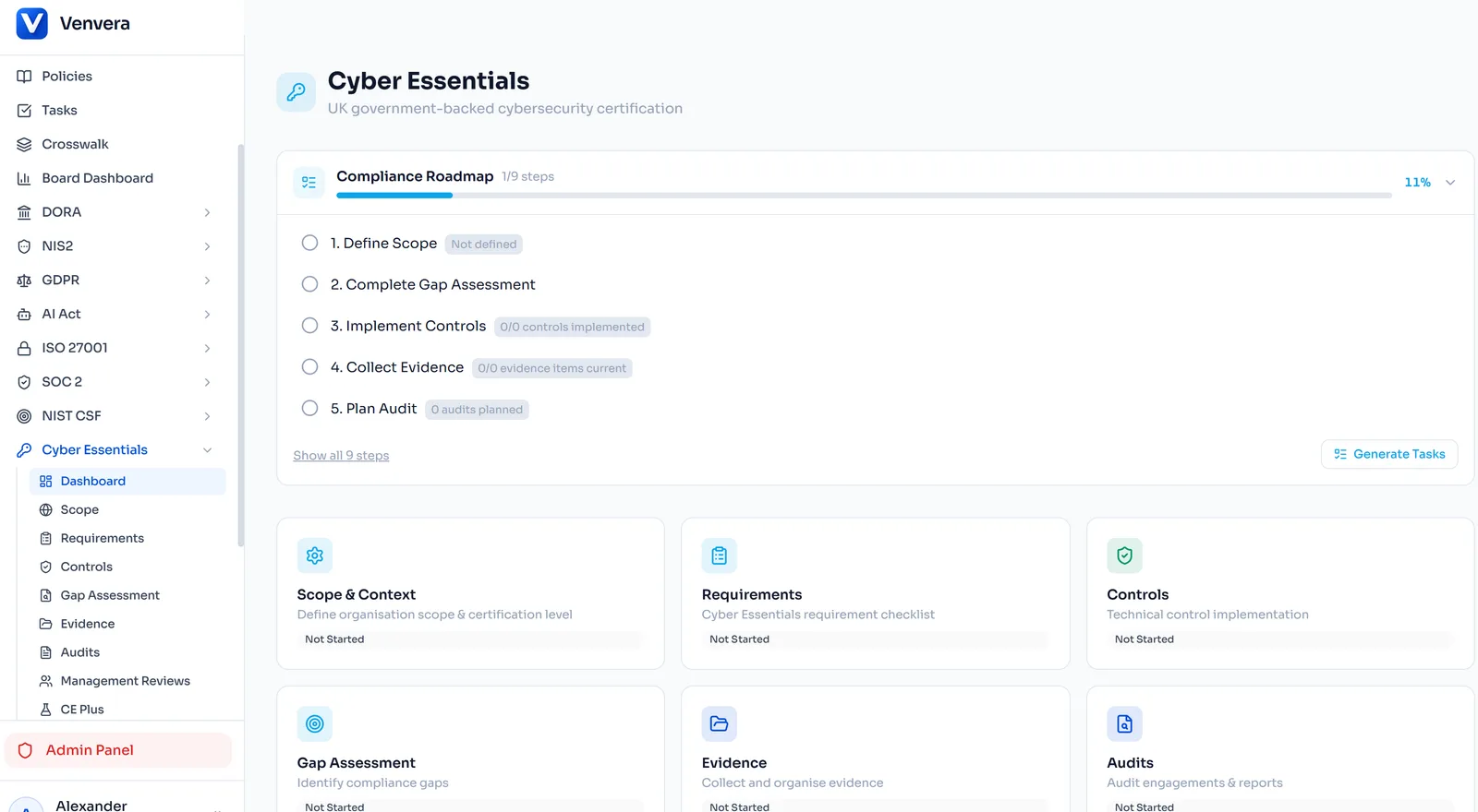 Cyber Essentials compliance dashboard with five technical controls assessment and certification readiness score