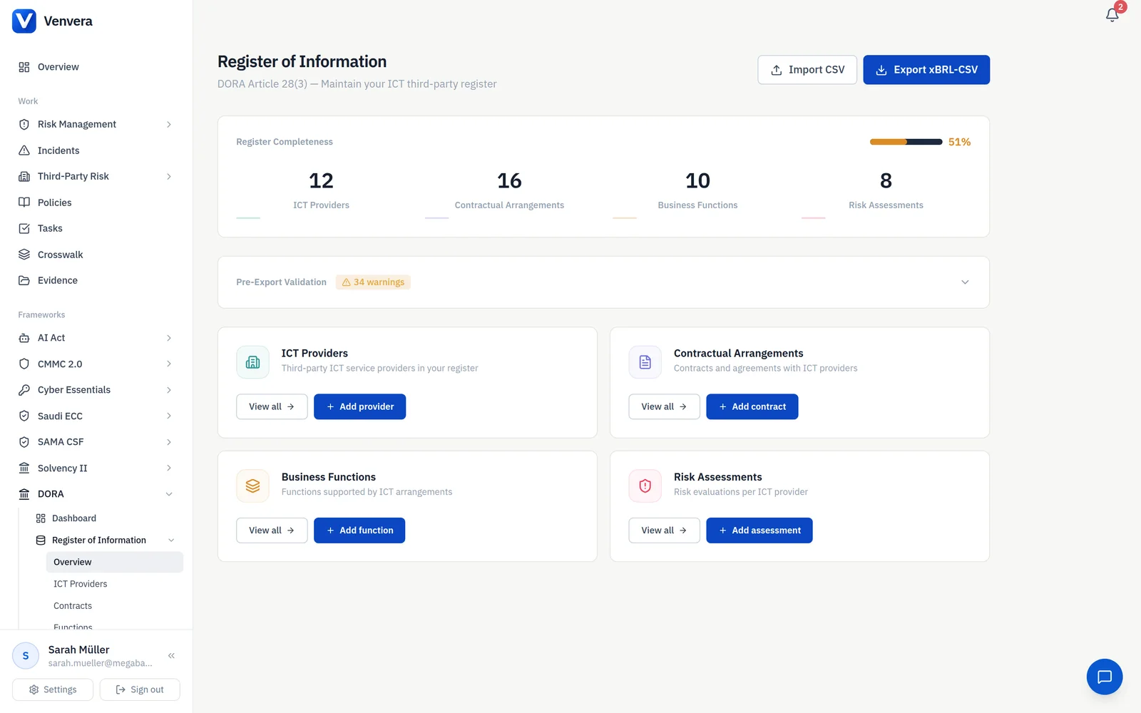 Register of Information in Venvera with providers, contracts and business functions