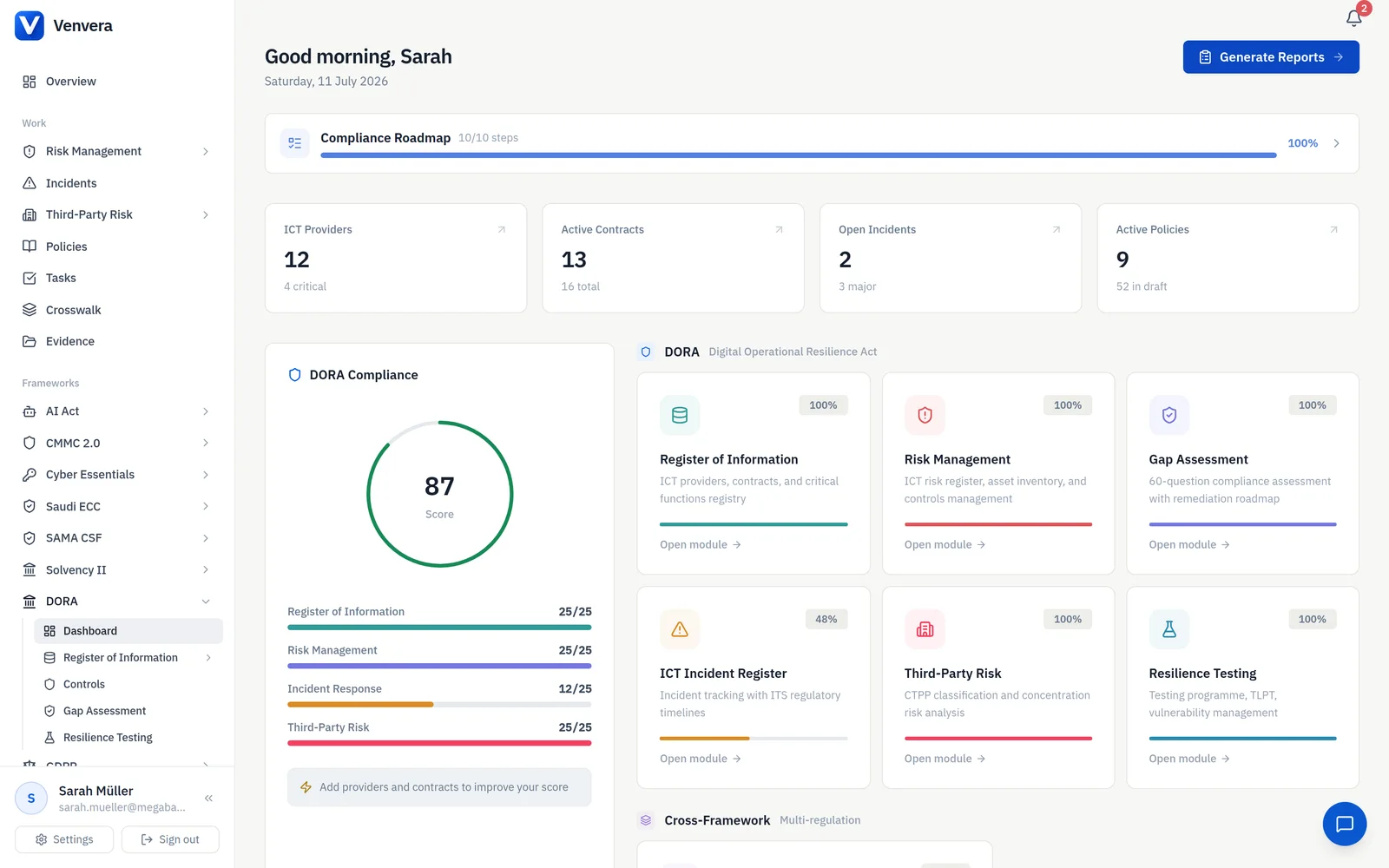 Venvera DORA compliance dashboard
