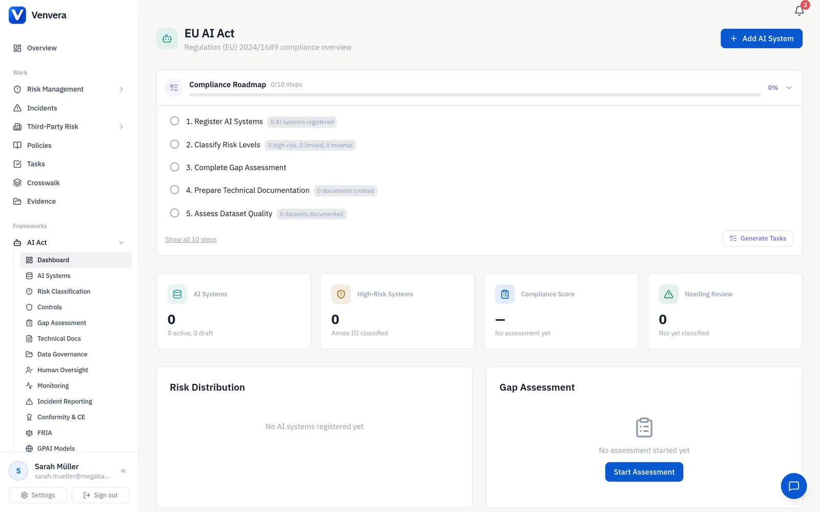 Venvera EU AI Act dashboard