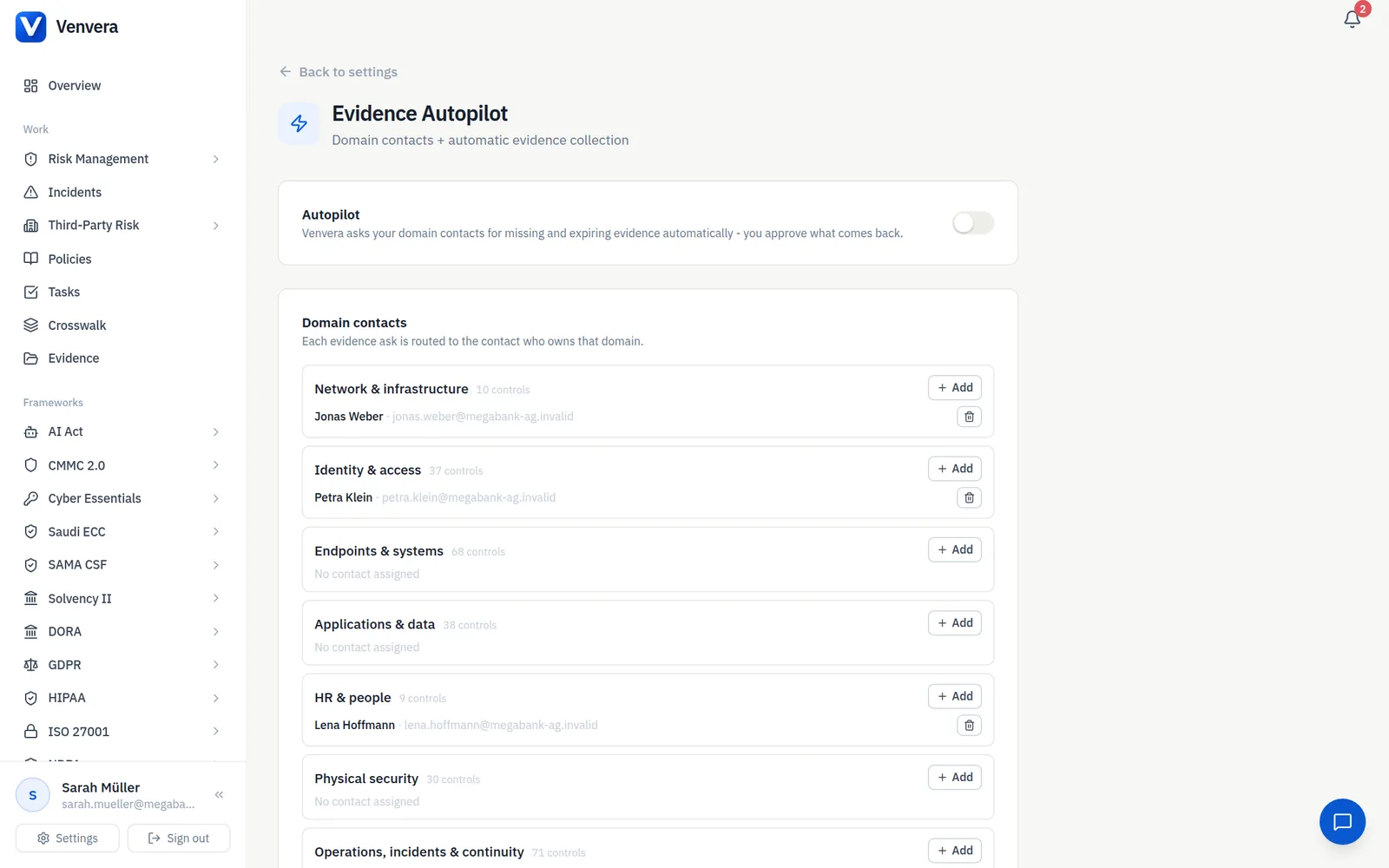 / SETTINGS - one contact per domain, routing previewed