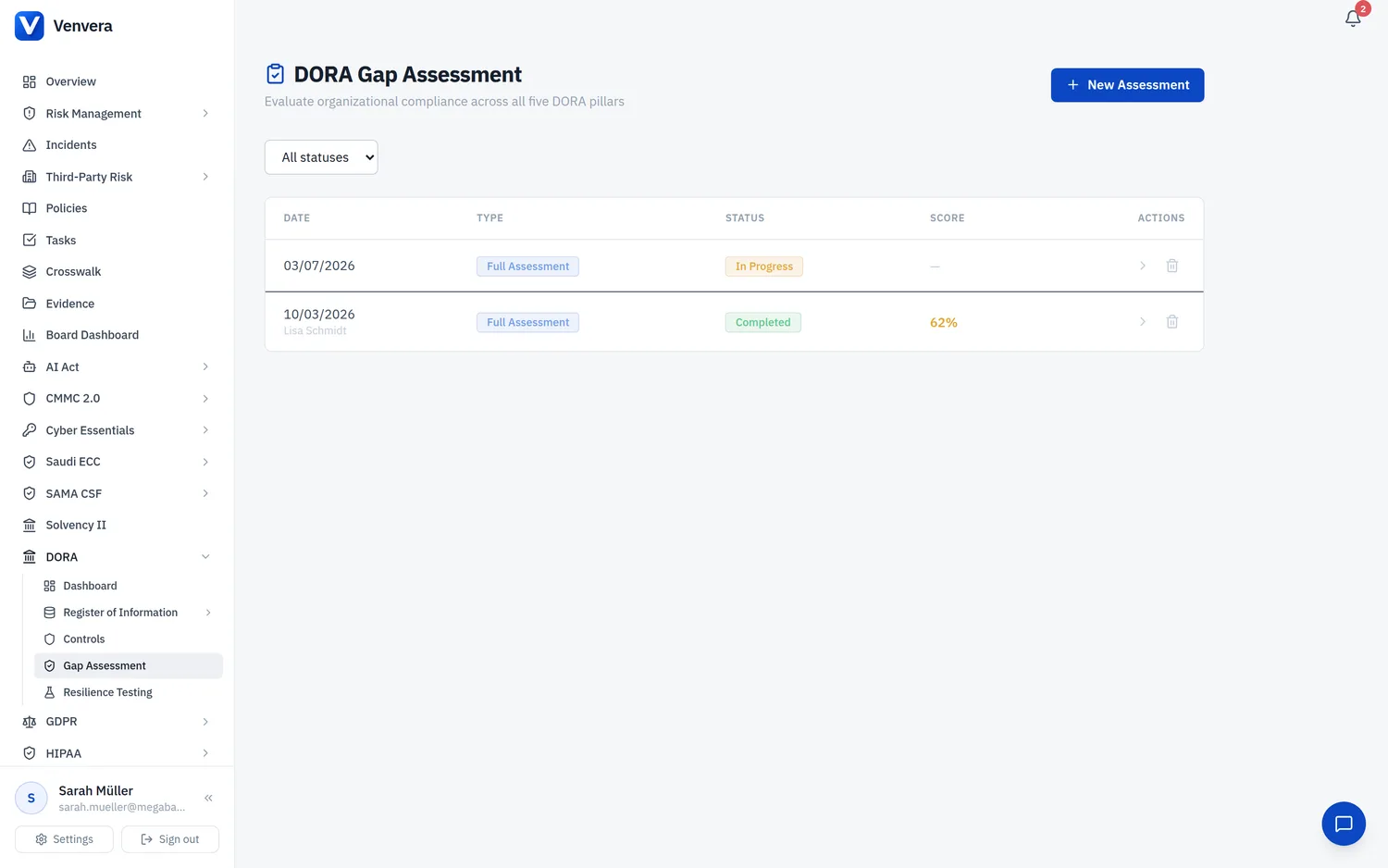 Cross-framework gap analysis showing cascading impact of a single control gap across ISO 27001, SOC 2, NIST CSF, NIS2, and DORA