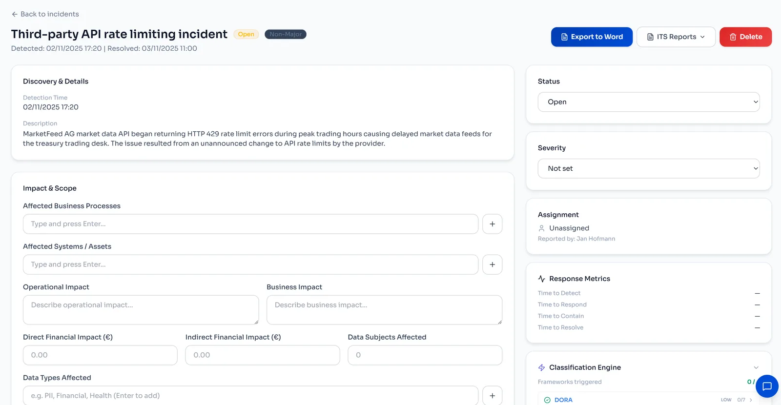 Multi-framework incident classification engine showing GDPR breach and DORA major incident classification side by side