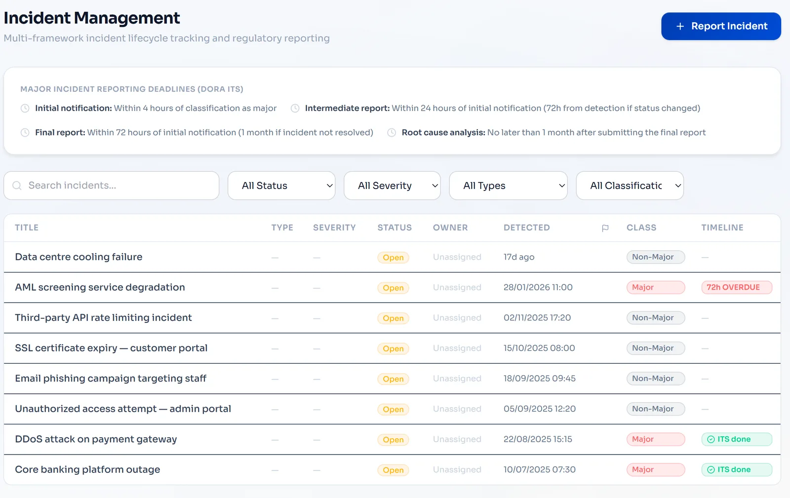 Incident management software dashboard showing a unified register with multi-framework classification and automated regulatory deadline tracking