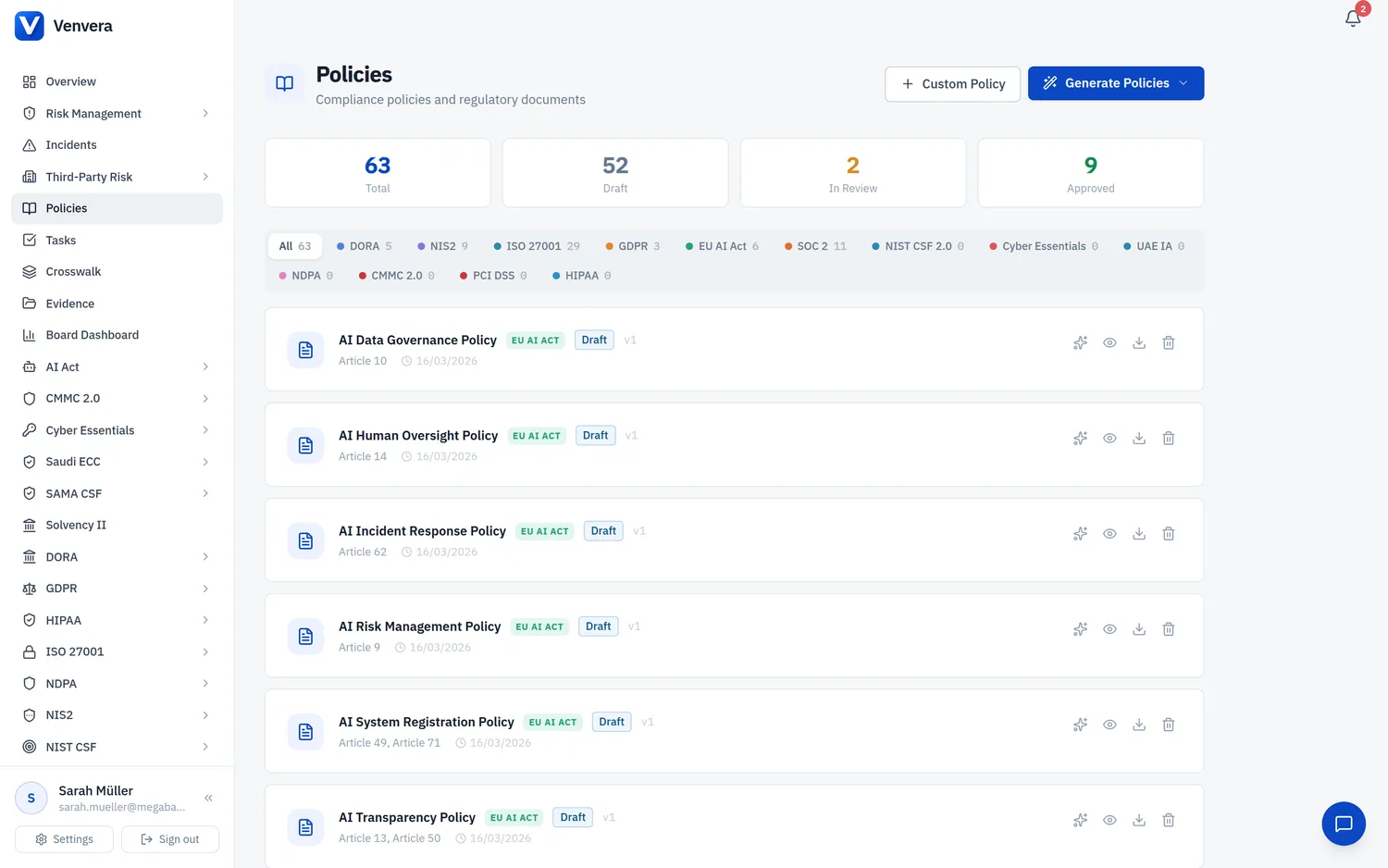 Compliance policy document management system with version control and secure file storage