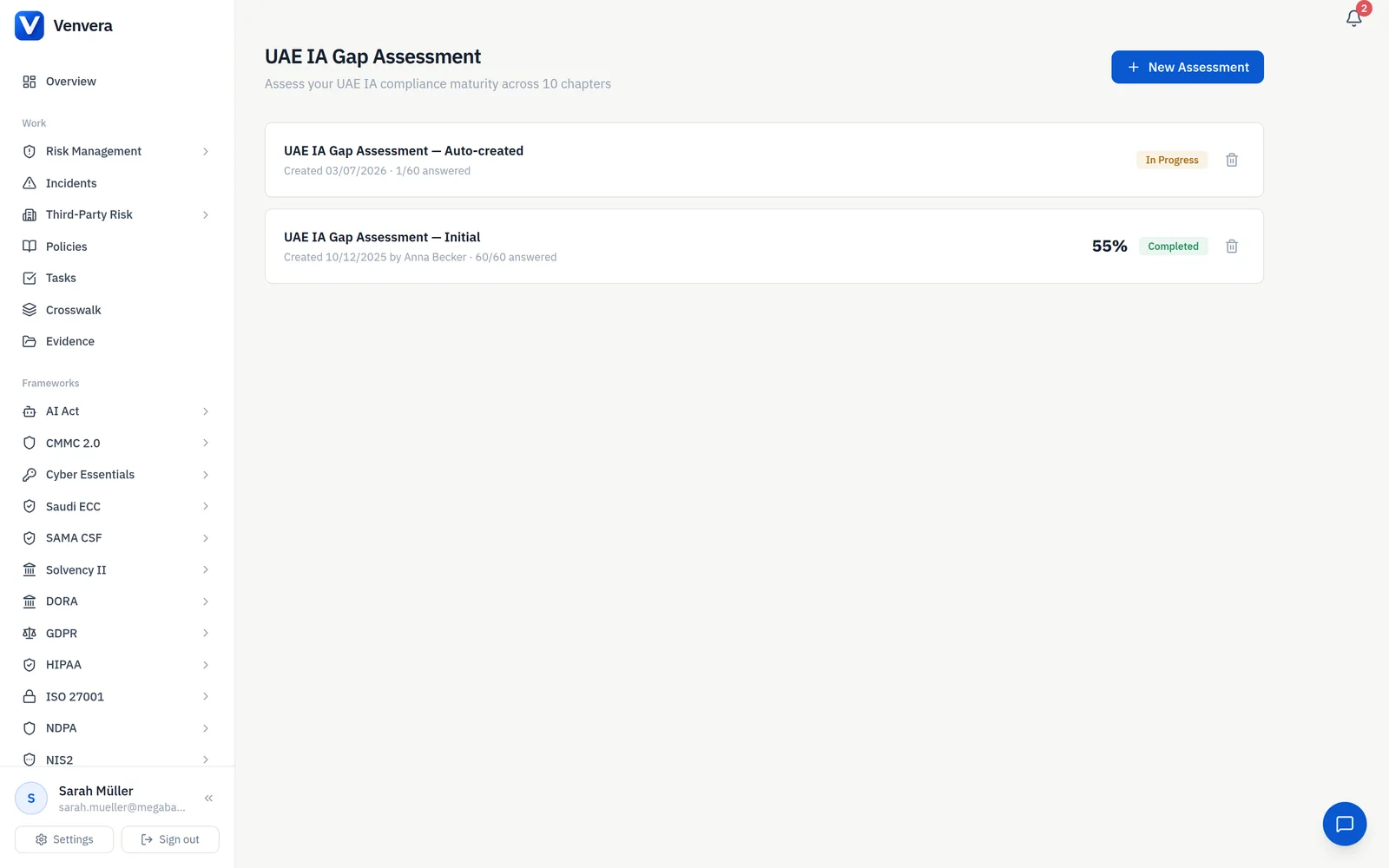Venvera UAE IA gap assessment questionnaire with maturity ratings and ISO 27001 auto-mapping